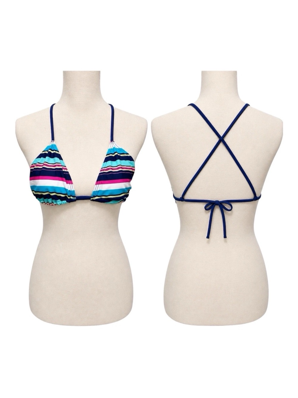 Hollister Y2K Striped Triangle Bikini Top Strappy Tie Back Blue Pink Large